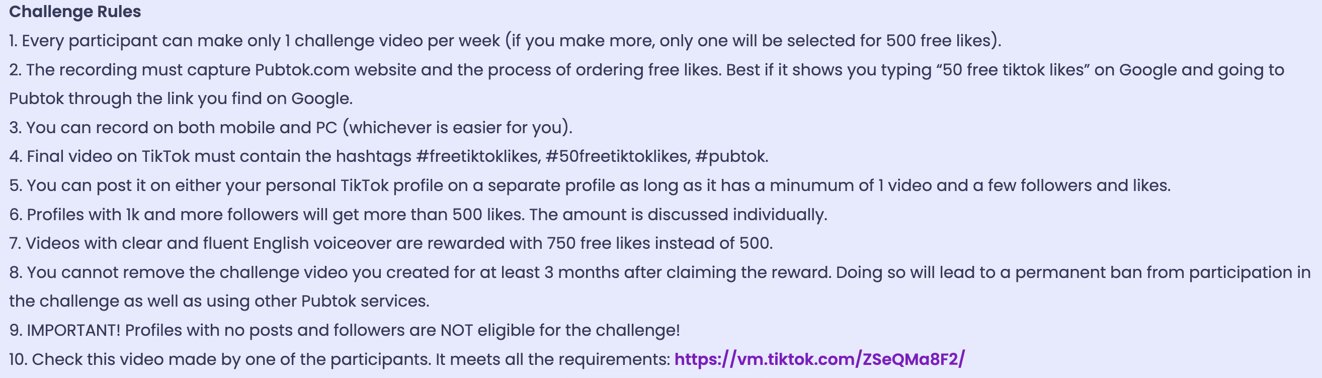 PubTok Rules - free TikTok likes