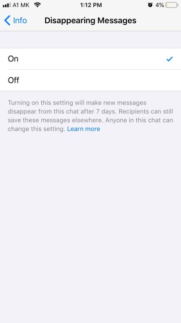  enable/disable disappearing messages in WhatsApp 