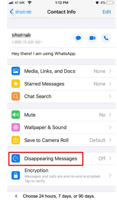 enable/disable disappearing messages iOS